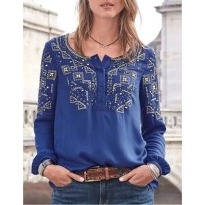 Sundance Embellished Blue Beaded Boho Blouse